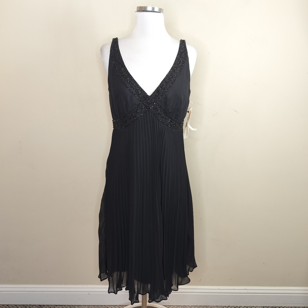 Studio I Black Dress Pleated Beaded Chiffon Flowy Cocktail